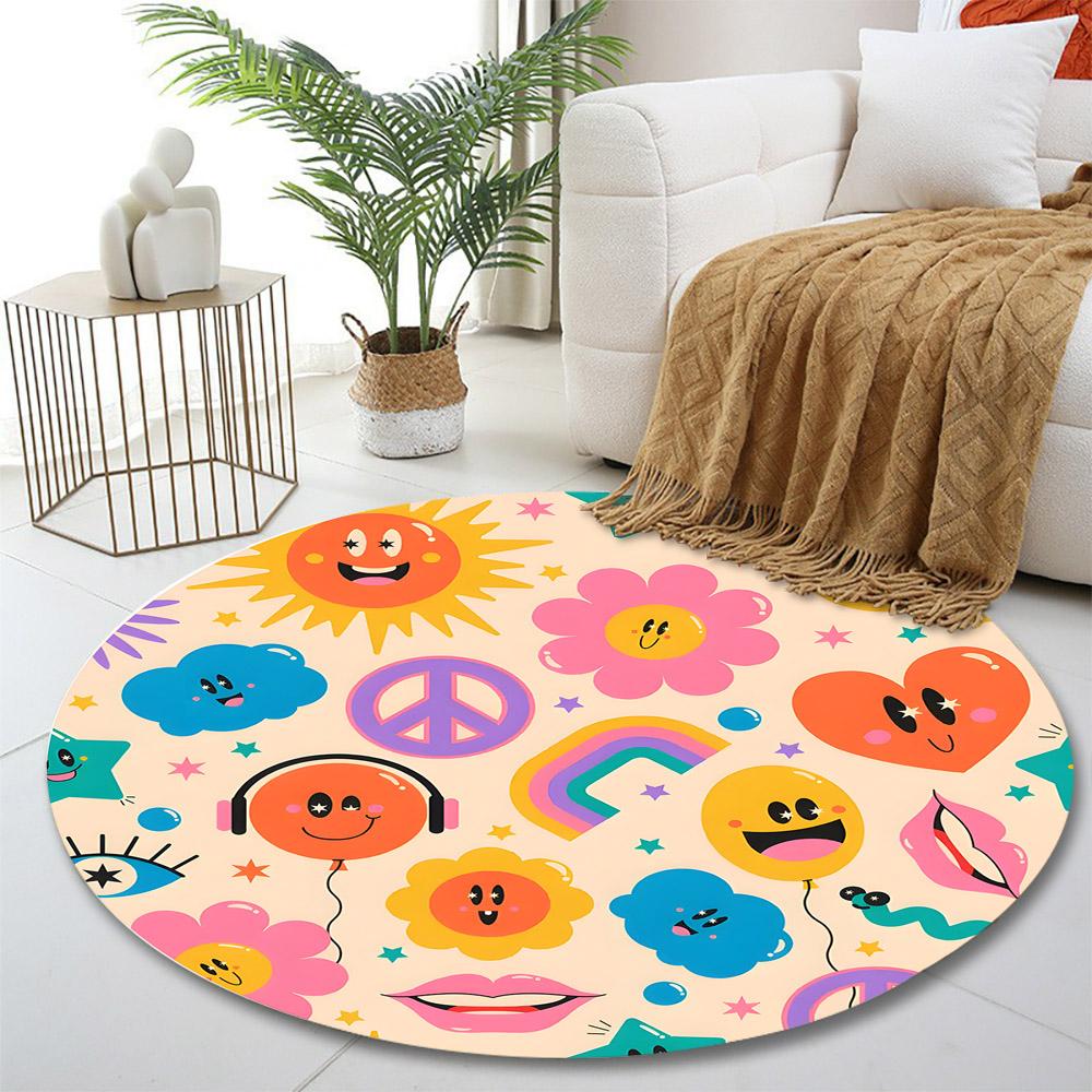 Colorful Cartoon Smiley and Rainbow Pattern Print round rug, living room, bedroom, playroom carpet, non slip floor mat, gift