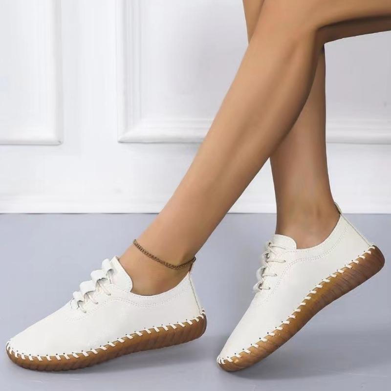 Women's Vulcanized Shoes Fashion Round Toe Solid Color Women's Vulcanized Shoes Spring and Autumn Casual Flat Leather Mom Shoes