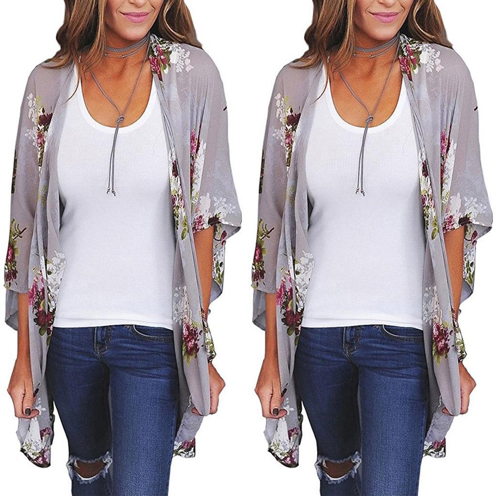 Women Chiffon Loose Shawl Print Kimono Cardigan Up Blouse Beachwear