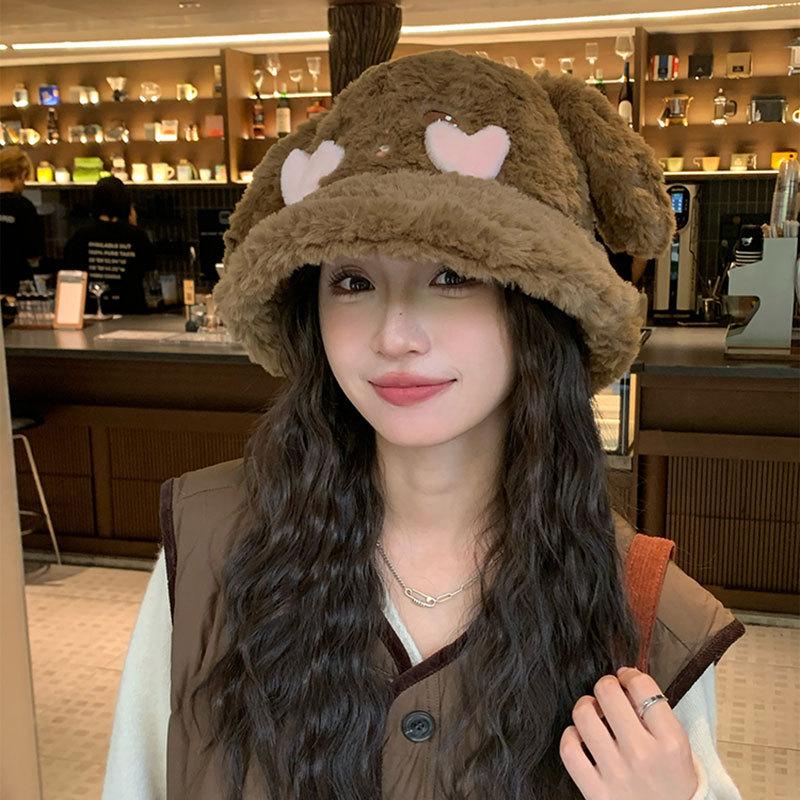 Cute rabbit ears bucket hat women's autumn and winter warm versatile washbasin hat cold protection ear hat plush hat tide
