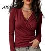 Skin Friendly Workwear Cross V-Neck Long Sleeve Top for Women, Slim Fit Sexy Relaxed Travel Clothing Pleated Shirt, Fall Solid Color Casual