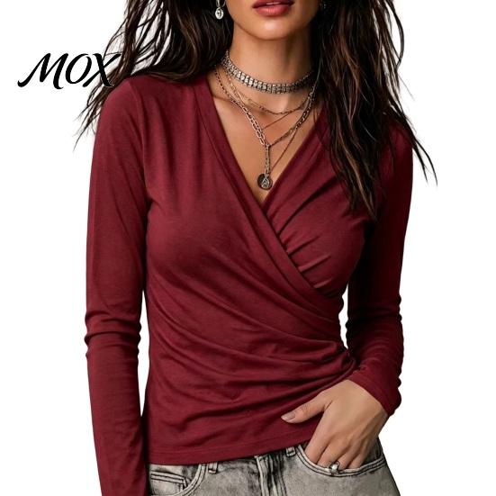 Skin Friendly Workwear Cross V-Neck Long Sleeve Top for Women, Slim Fit Sexy Relaxed Travel Clothing Pleated Shirt, Fall Solid Color Casual