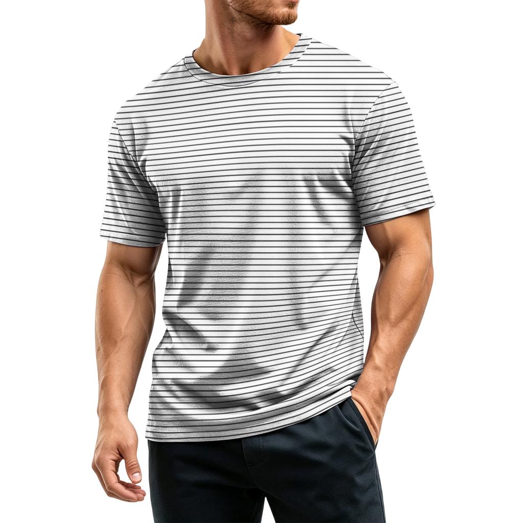 Men's Casual Quick-Dry Round Neck Short Sleeve Striped T-Shirt - Lightweight Mesh Breathable