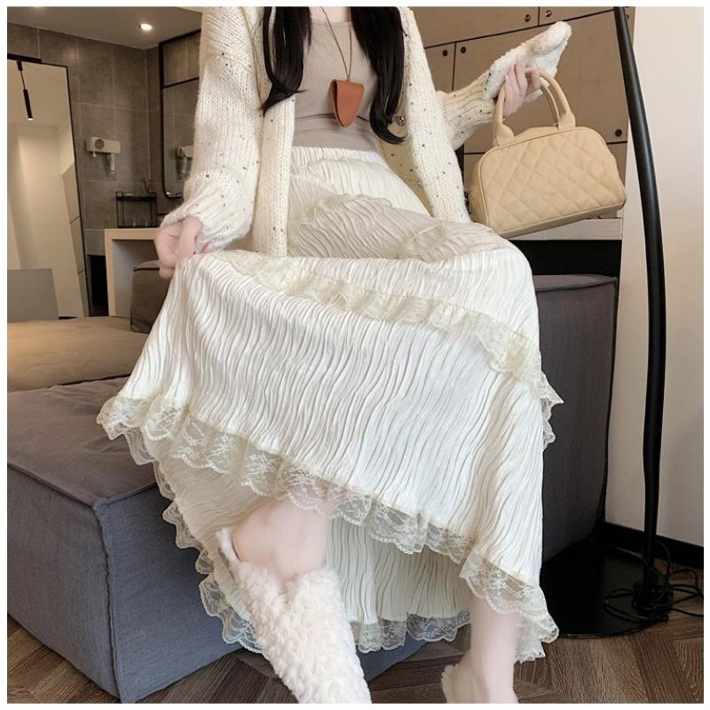Women Elastic High Waist Tiered Lace Patch Maxi Long Skirt