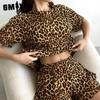 GMXIA Leopard Print Pajamas Women's O-Neck Casual Fashion Short Sleeve Shorts Can Be Worn Out Loungewear Two Piece Set