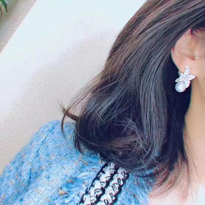 New Korean Sterling Silver Pearl Dangle Earrings for Women Big Flower Drop Earrings Pendientes New Year Gift Fashion Ear