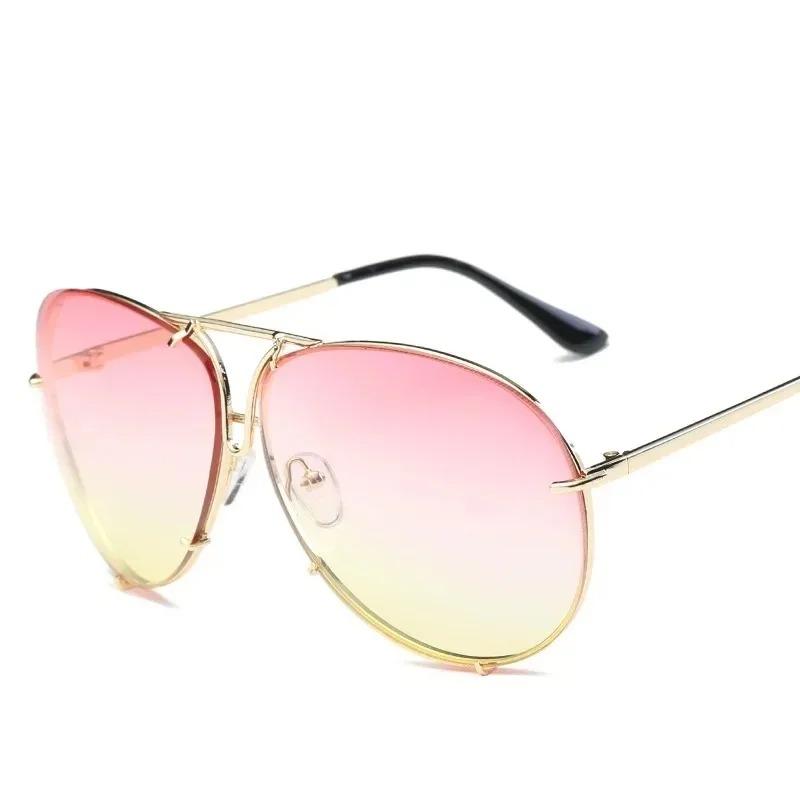 Vintage Rimless Alloy Aviation Pilot Sunglasses for Men Women Brand Gradient Sun Glasses Female Metal Oval Shades Black Brown