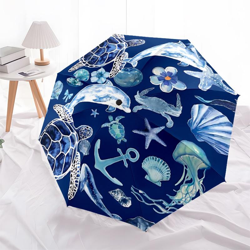 1pc Ocean Life Automatic Open/Close Umbrella, Windproof, Folding Compact Umbrella with Lightweight Design for Women/Men117