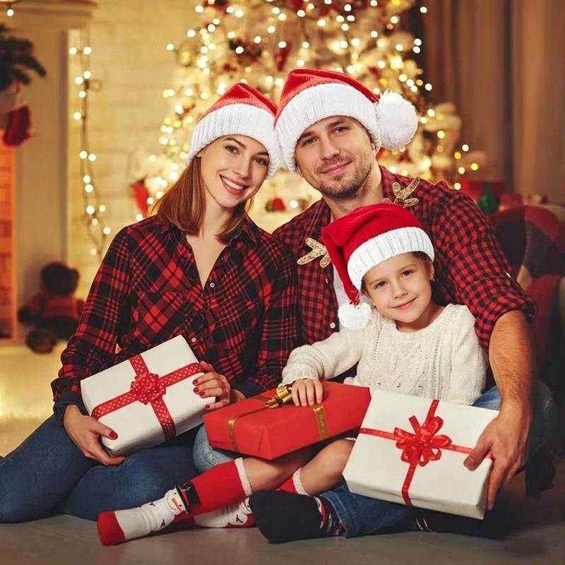 Family Matching Christmas Santa Hats Soft Plush Fluffy White Pom Pom Perfect For Holiday Parties Family Photoshoots