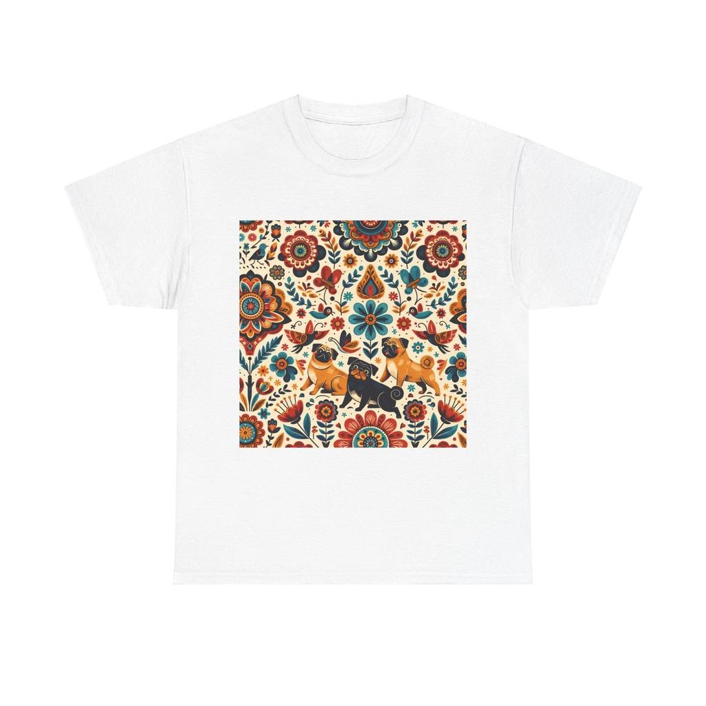 Unisex Adult T Shirt Folk Art Pug Vibrant Patterns Design
