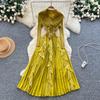 European and American high-end foreign style suit collar long-sleeved double-breasted waist splicing ruffle edge pleated long dress