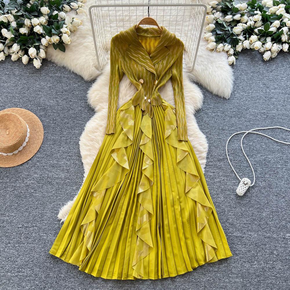 European and American high-end foreign style suit collar long-sleeved double-breasted waist splicing ruffle edge pleated long dress