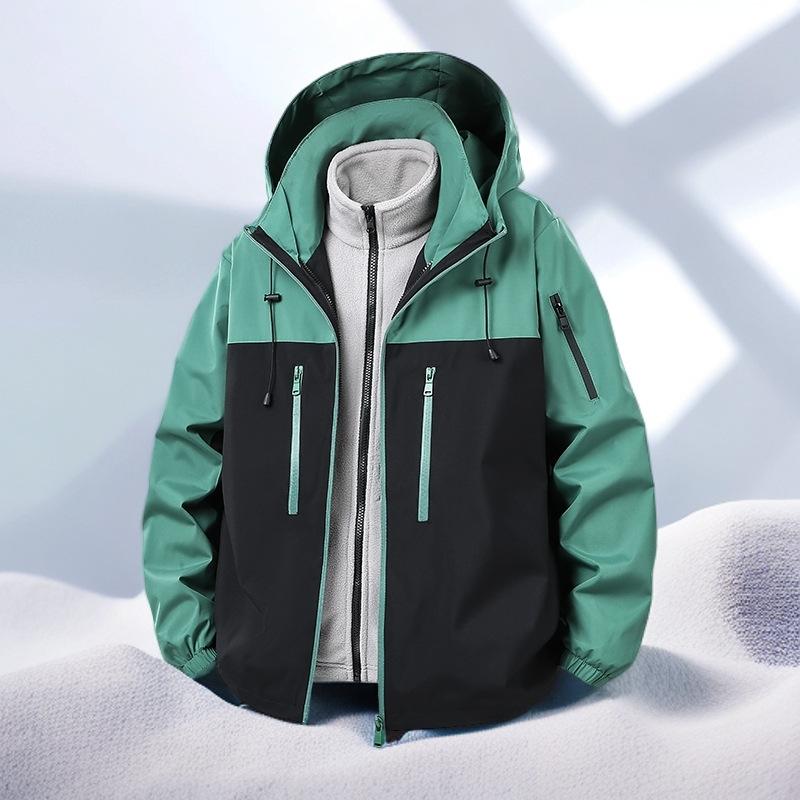 Men's Winter Fleece Inner Lining Hiking Suit, Windproof and Waterproof Splicing Hooded Three In One Assault Suit for Hiking