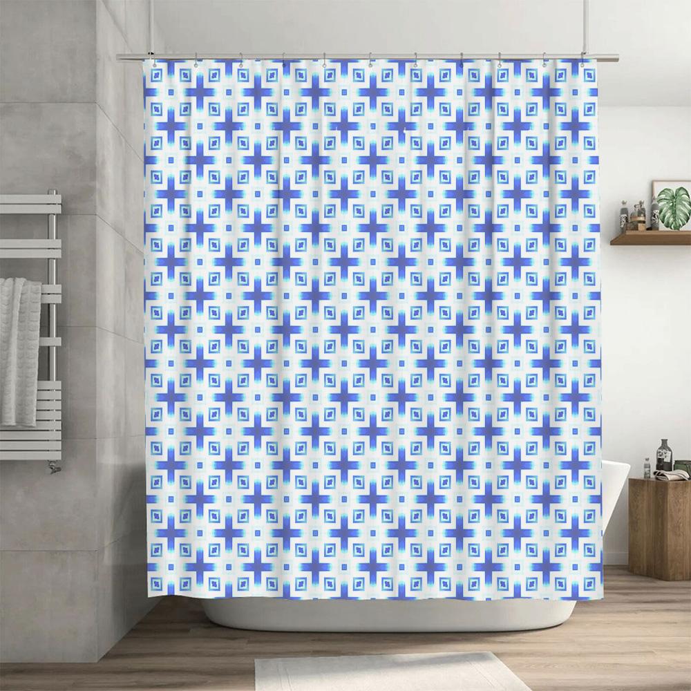 Blue White Bath Curtain with Geometric Design for Home Decor Quick Drying Fabric Shower Curtains In Blue Tones (60x72)