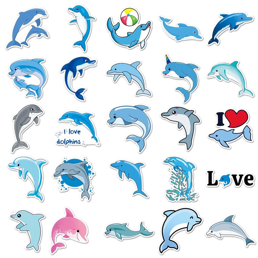 Dolphin & Marine Life Cartoon Stickers - Waterproof Decoration for Cups, Journals, and Luggage (50 Pieces)