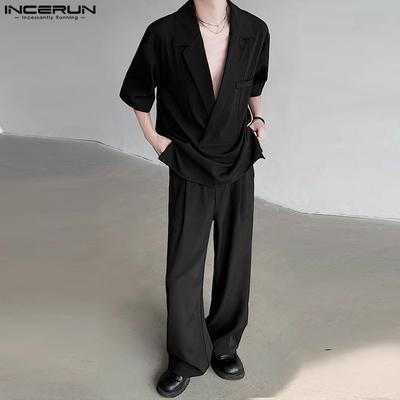 Men Sets V-Neck Blazer Tops Trousers Long Pants Office Style Casual Suits