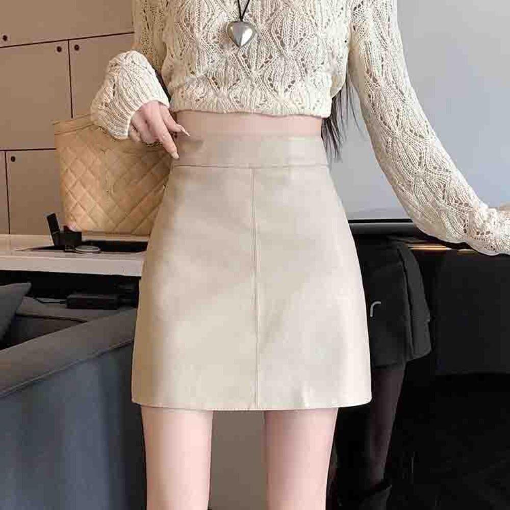 Solid Color PU Leather Skirt with Safety Pants High Waist A-line Skirt Short Mini Skirts  Girls