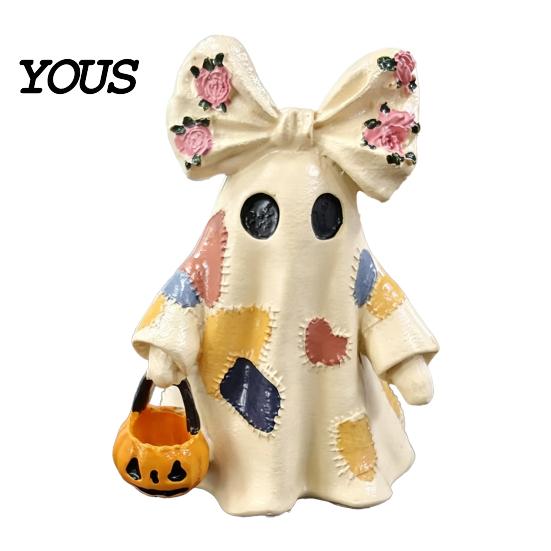Decorative Ghost Couple Set Halloween Patchwork Ornament, Hanging Pumpkin Lantern Resin Vintage Creative Holiday House Decor Figures for