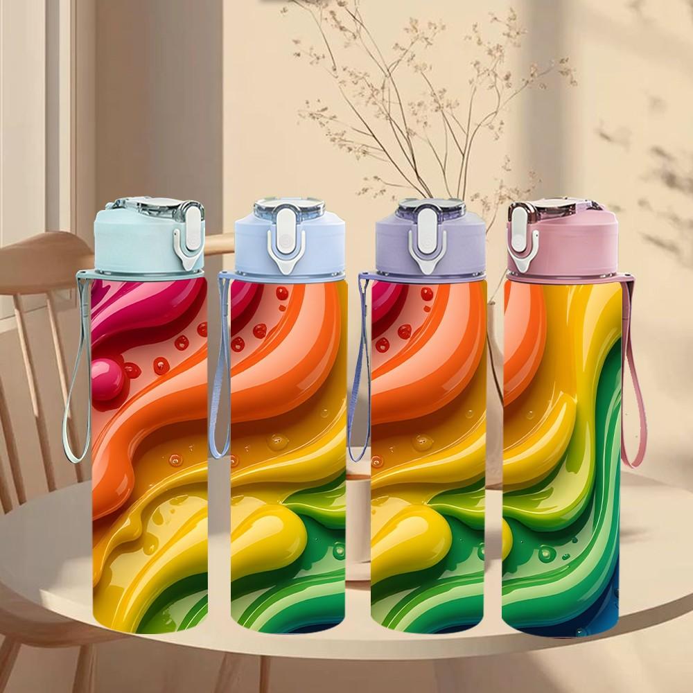 1PC Rainbow Swirl Marble Texture Print 750ml Color Plastic Sports Water Bottle Leakproof Flip Straw Lid Suitable for Sports Office Home Use