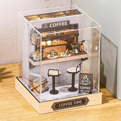 DIY-Miniatur-Puppenhaus-Bausatz „Coffee Time“, 3D-Puppenhaus-Bausatz aus Holz mit Licht, handgefertigtes Mini-Bastelmodell, einzigartige Geschenke