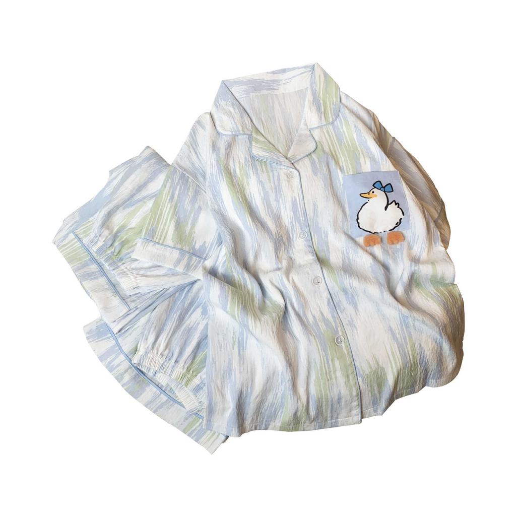 Cloud Cotton Pajamas Women'S Short-Sleeved Three-Piece Set Color Matching Irregular Loungewear