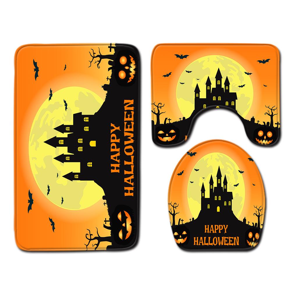 Halloween Shower Curtain Floor Mat Combination Four-Piece Set Bathroom Toilet Carpet Shower Room Foot Mat