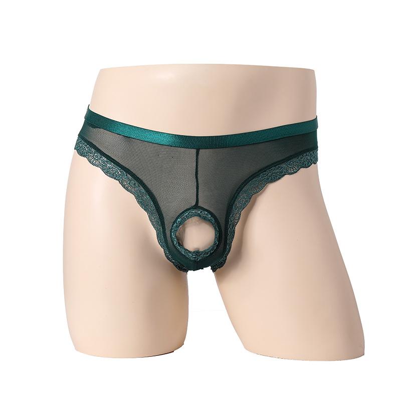 Men Sexy Front Hole Briefs Lace Mesh See Through Crossdresser Underwear Peni Hollow Sissy Low Rise Male Bulge Enhancing Lingerie