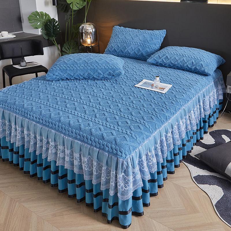 3-teiliges Bettrock-Set, verdicktes Korallenfleece-Spannbettlaken, Bettdecke einteilig Flanell All-inclusive rutschfester Bezug