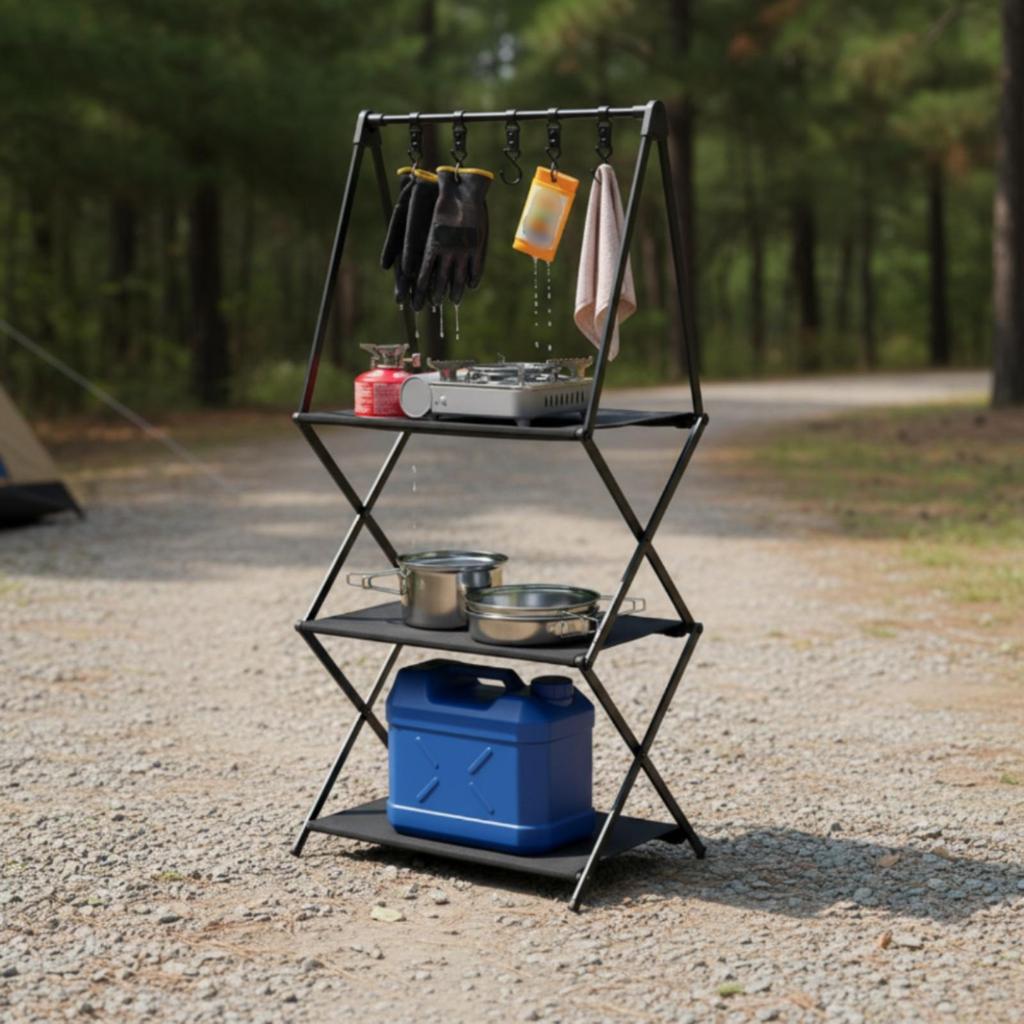 Folding Camping Rack X Shaped Frame Aluminum with Hooks Shelf