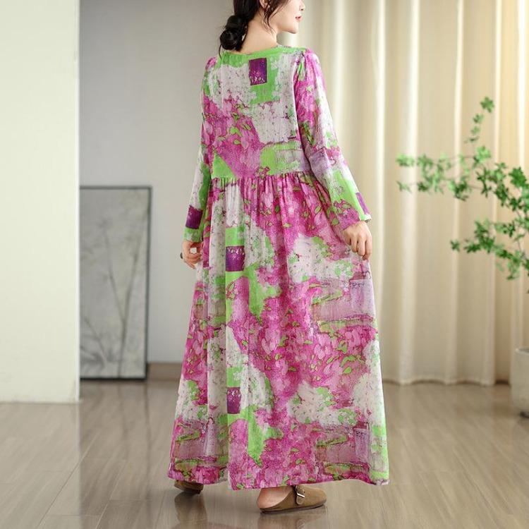 

New Spring Floral Maxi Dress Women Plus Size Oversize Loose Long Sleeve Vintage Basic Long Dress XL