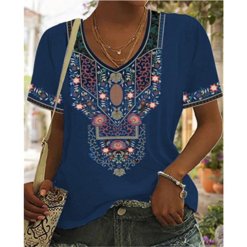 Loose Women's V-Neck Short Sleeve Graffiti Printed Casual Top T-Shirts Women’s