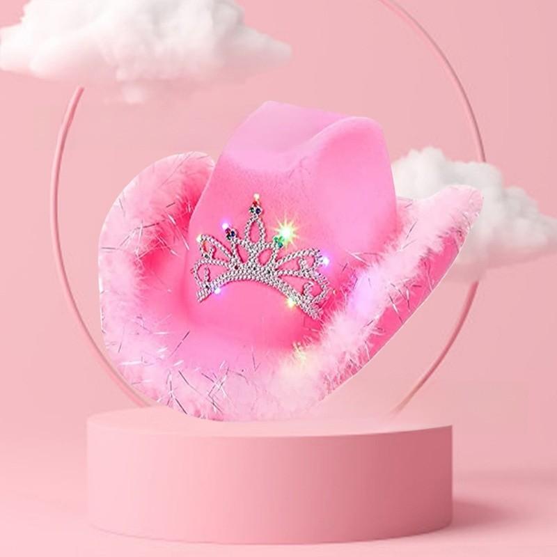 Rosa Stoff-Cowboyhut mit Sternverzierungen und leuchtender Krone für Partykleidung und Geschenke