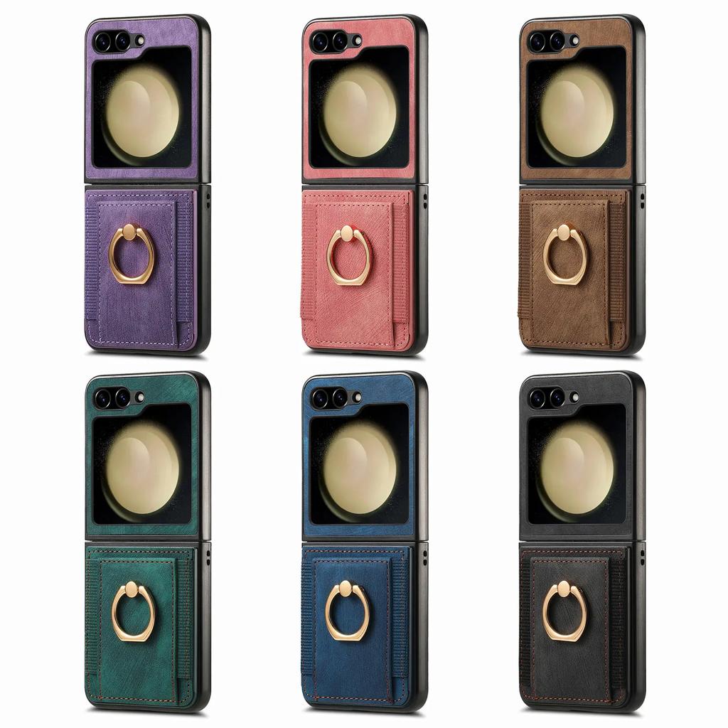 Magnetic Ring Holder Card Solt Vintage Leather Wallet Folding Case for Samsung Galaxy Z Flip 7 FE 6 5 4 5G Flip5 Bag Phone Cover