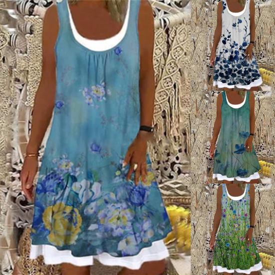 Vestido De Dos Piezas Falso Sin Mangas Estampado Para Mujer Vestido De Dos Piezas Falso Sin Mangas Estampado Para Mujer