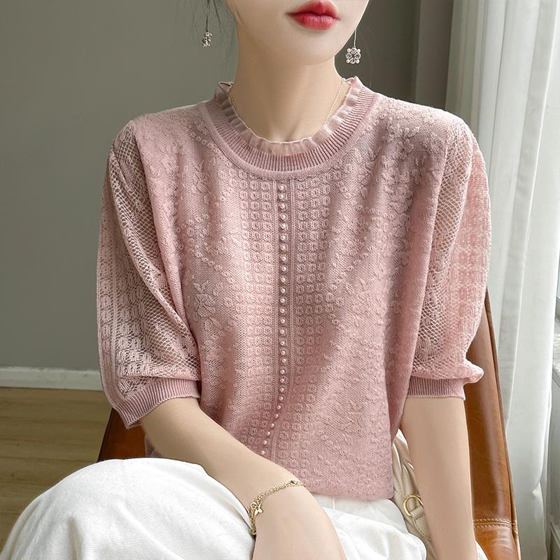 Summer Lace Openwork Knitted Short-sleeved Women's Round Neck Five-sleeve Blouse Loose Pearl Half-sleeve T-shirt