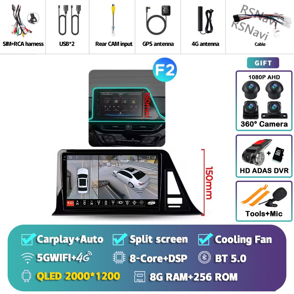 Android 14 Carplay Auto For Toyota C-HR 2016 - 2020 Car Radio Player Multimedia DVD stereo 360 Camera Navigation Video AI Voice