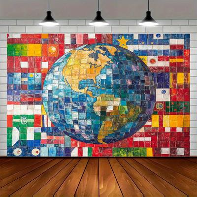 1pc World Map-themed Background Screen Featuring Earth and National Flag Designs - Colorful Cultural Event Decorations