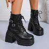 Fashion Fashion Buckle Cunky Platform Ankle Boots Women Lace Up Super High Heel Punk Boots Woman Pu Leather Thick Heels Motorcycle Botas