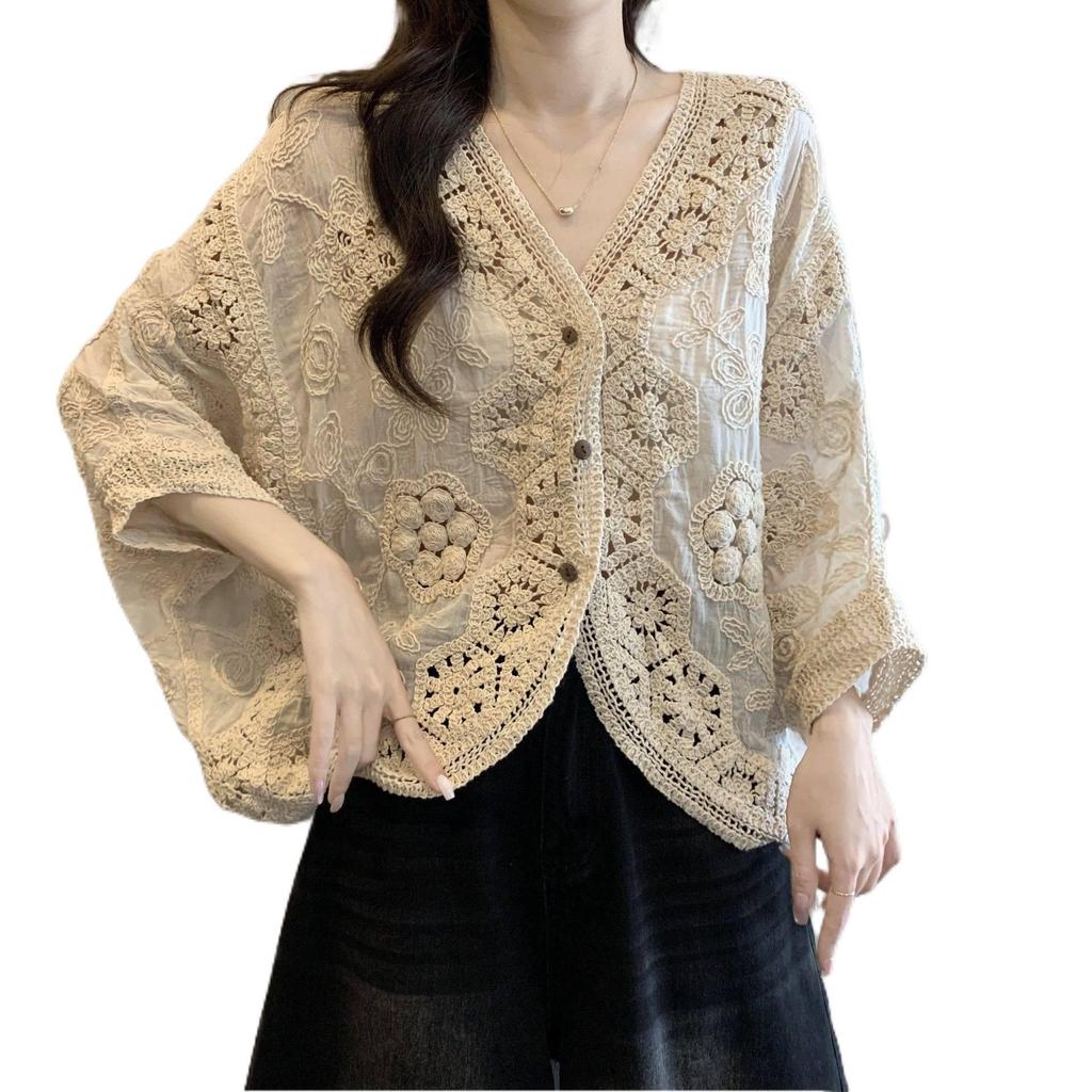 Bohemian Crochet Lace V-Neck Plus Size Sun Protection Cardigan for Women