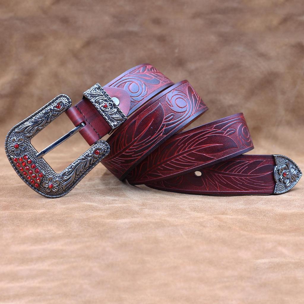 Men's Western Buckle Genuine Cowhide Leather Belt, Thick and Embossed for a Fashionable Look