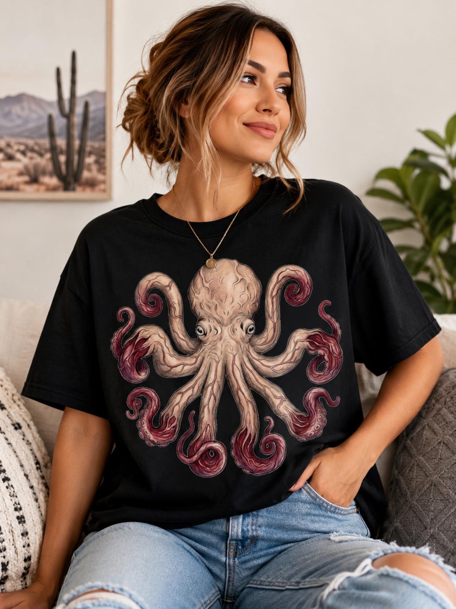Vintage Octopus Illustration Tee | Nautical Sea Creature Shirt XL