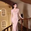 1011 Spring and Summer Light Pink Jacquard Improved Cheongsam Sleeveless Stand-up Collar Fishtail Skirt New Chinese Gentle Long Dress