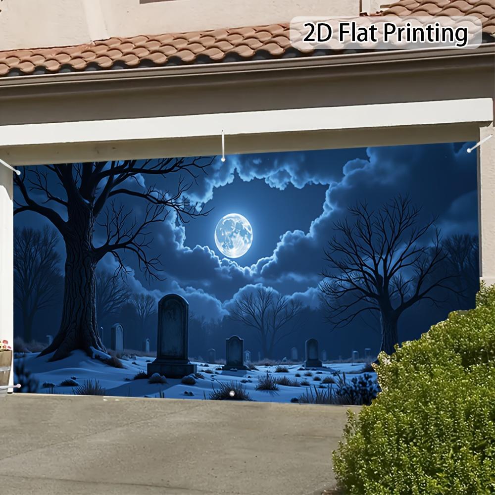 1pc Horror Cemetery Halloween Night Garage Door Cover with Tombstone  Full Moon and Haunted House Design - Easy to Install