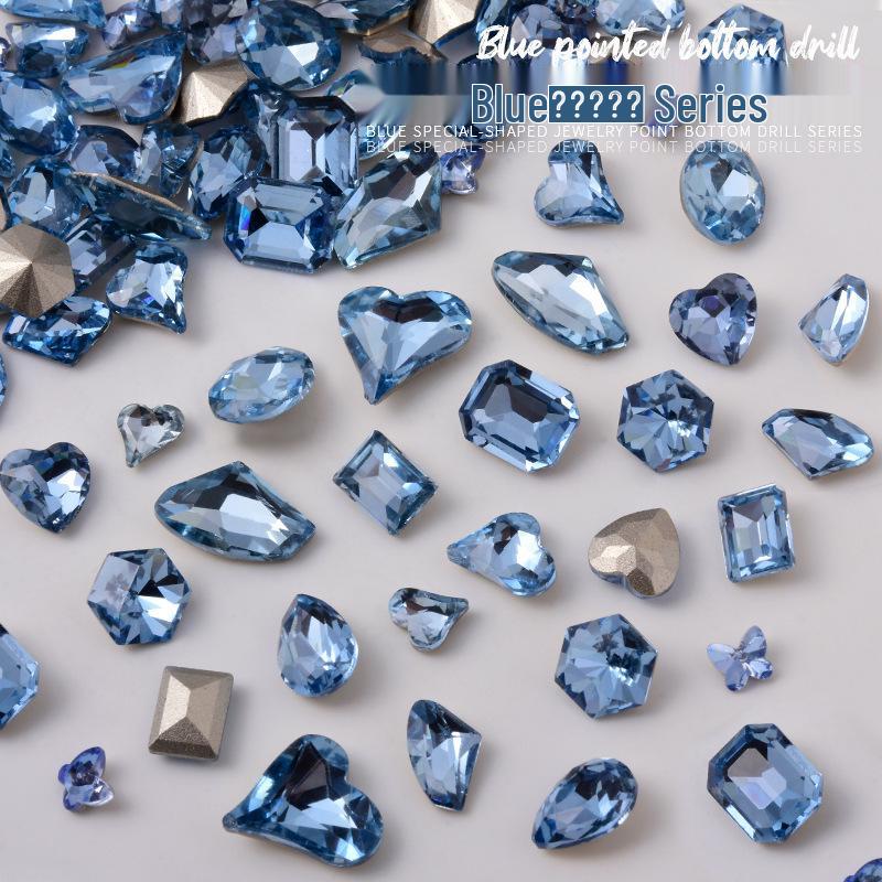 Elegant Blue Crystal Nail Art - Large & Irregular Rhinestone Accessories with Crooked Peach Hearts