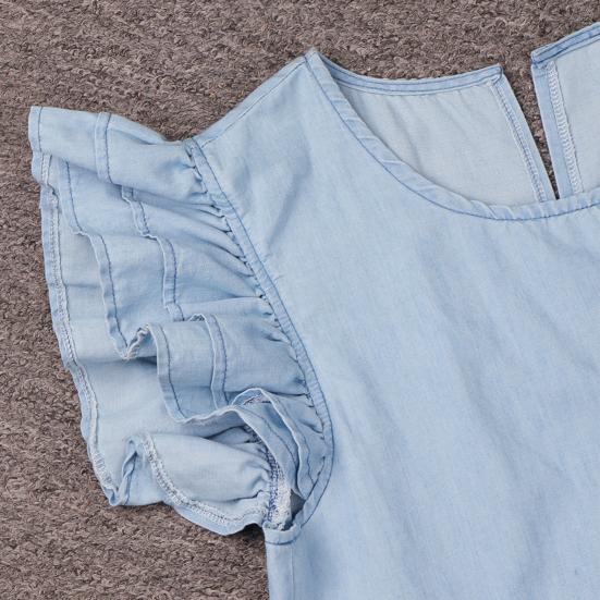 Mini Sukienka z Falbankowym Rękawem Jednolity Kolor Damska Luźna Sukienka Dżinsowa z Okrągłym Dekoltem