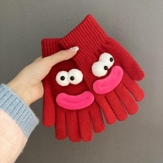 Vtipné kreslené pletené rukavice Roztomilé velké oči Teplé rukavice Zimní žebrované rukavice s dotykovou obrazovkou na řízení, dojíždění, cyklistiku, každodenní pochůzky