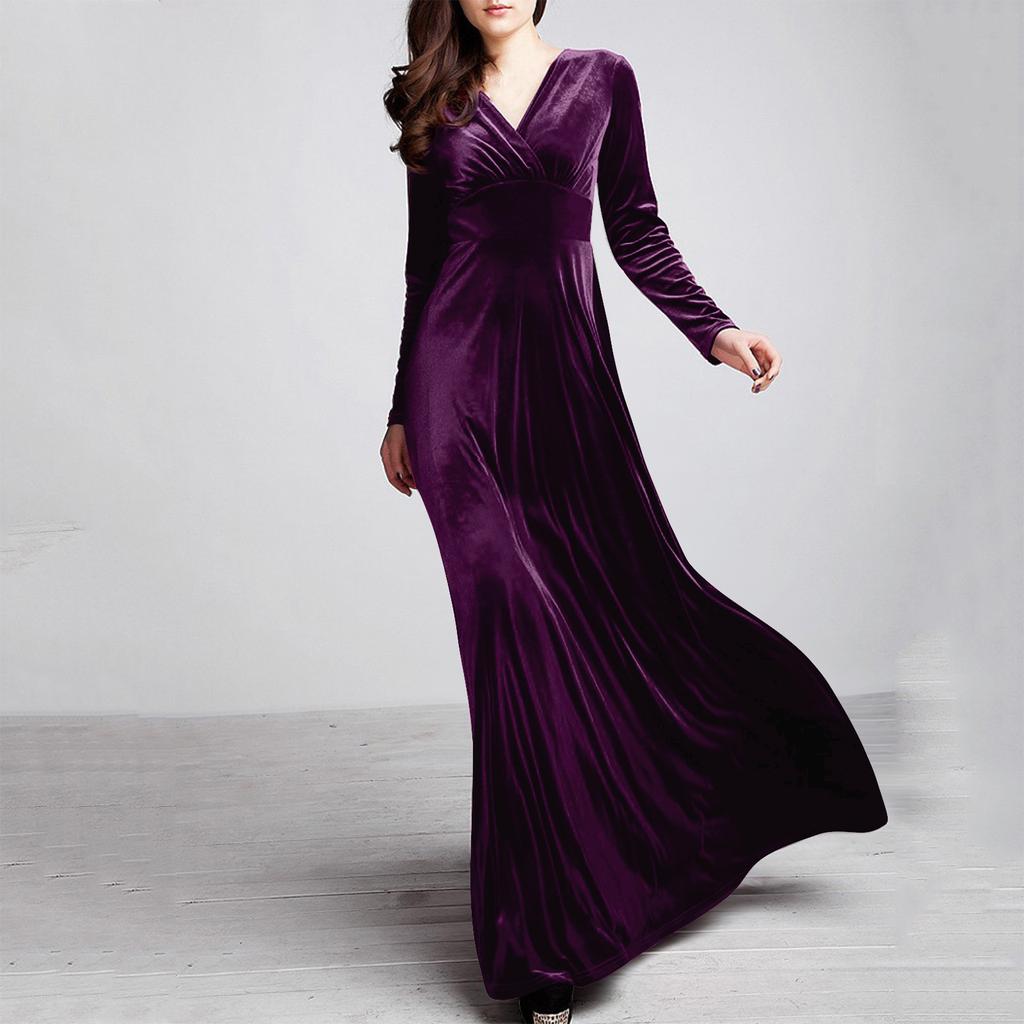 Women's And Winter Gold Velvet V-Neck Solid Color Long-Sleeved Party Dress