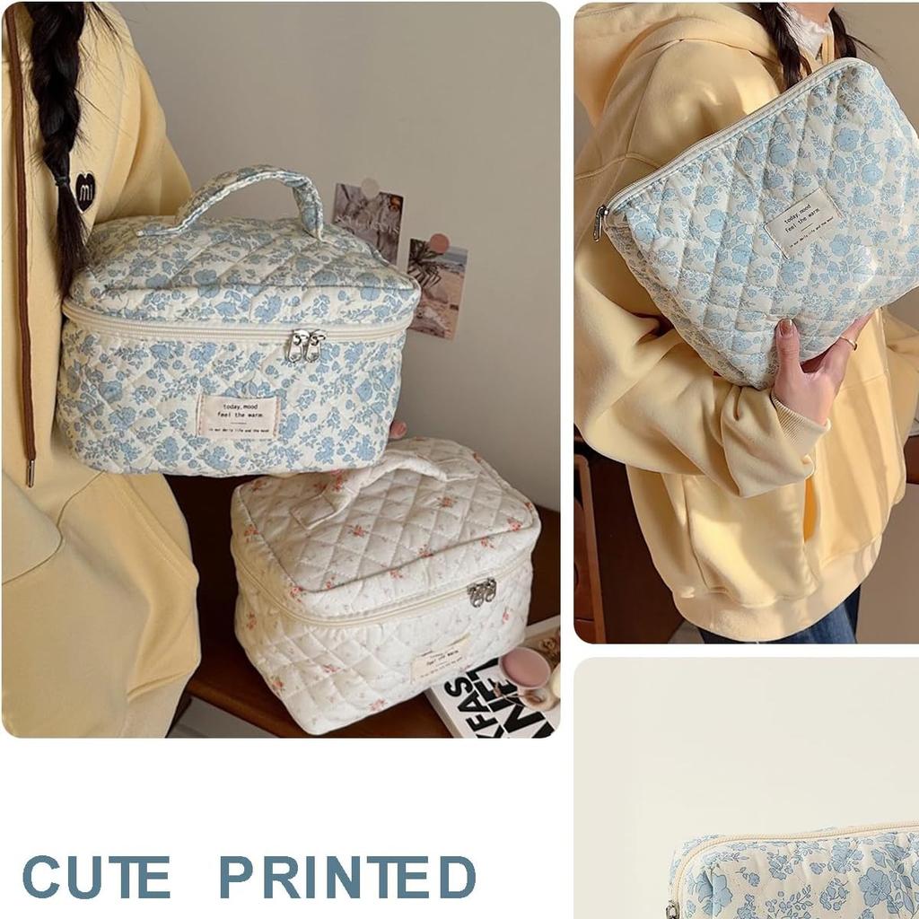 1 Pcs Portable Cotton Quilted Makeup Bag Aesthetic Large Capacity Toiletry Organizer Cosmetic Pouch Bag for Women Girls