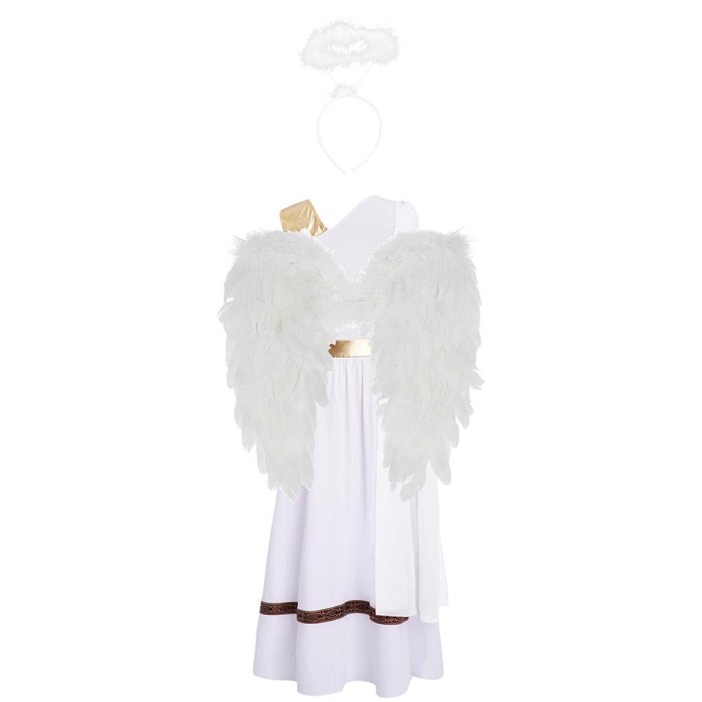 Girls 3 Pieces Greek God Roman Costume Outfit Metallic Gloss Patchwork Sleeveless Dress with Feather Angel Wings and Hair Hoop Cosplay Stage