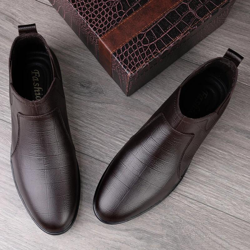 Fashion Warm Plush Fur Men Dress Boots Fashion Chelsea Boots Business Genuine Leather Casual Shoes British Style Short Boots Ankle Botas